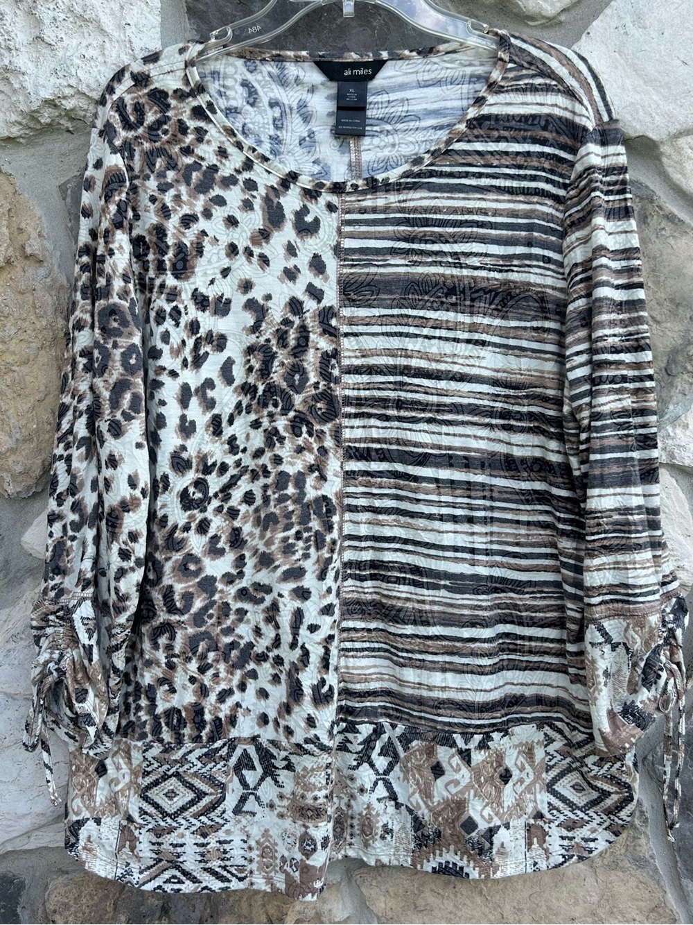 Ali Miles Blouse Top Sz XL Artsy Mixed Print Casual Exotic Animal Print Neutral